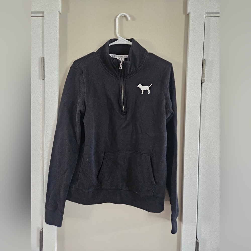PINK VS small black half zip long sleeve graphic sweater love pink lounge Dog - Picture 1 of 6